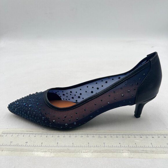 XYD Navy Pointed Toe Slip On Mesh Pumps Rhinestone Studs Kitten Heels Shoes - Picture 2 of 8
